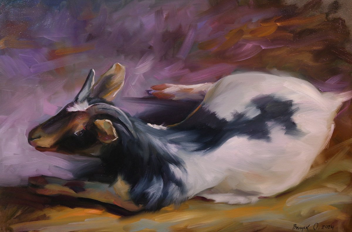 Impressionistic Animal Oil Painting By Lena Vylusk, 24 X 16", "Rest", Original Artwork