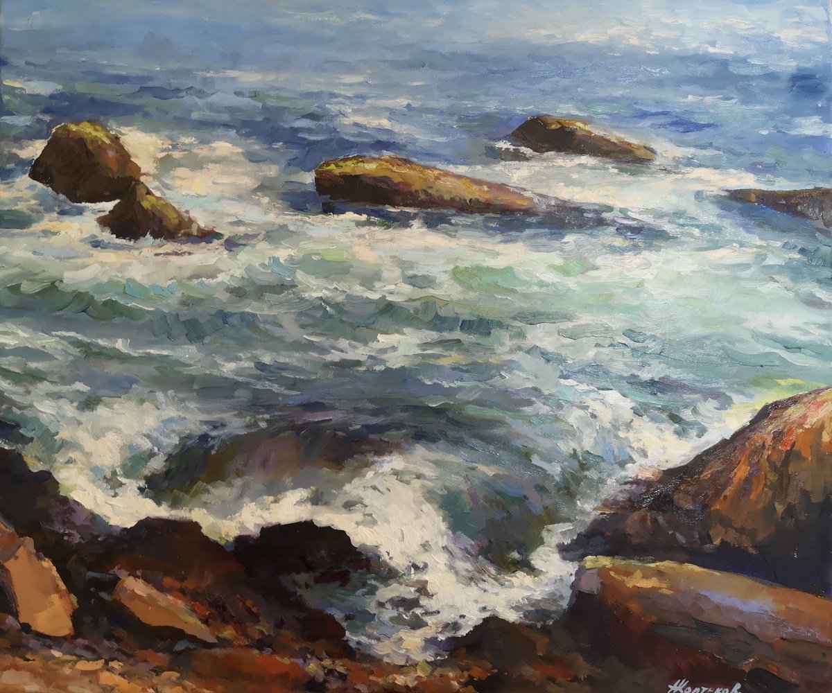 Impressionistic Landscape Oil Painting By Alexander Koltakov, 24 X 20, Ocean, Seething Surf, Original Artwork