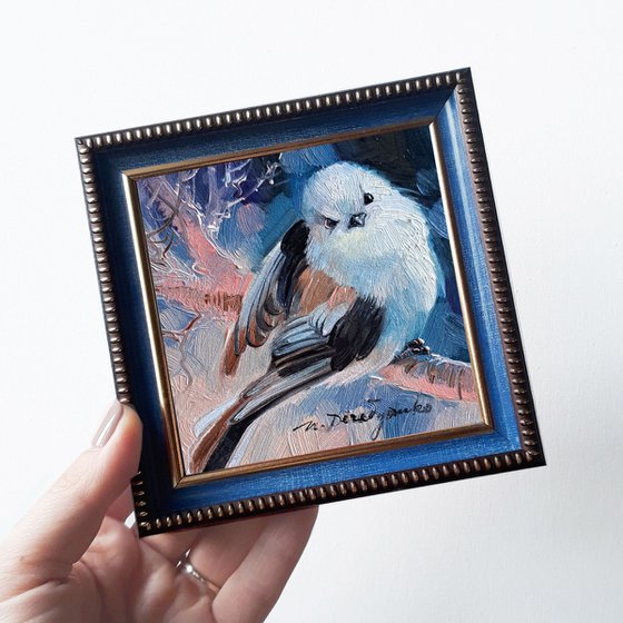 Original Bird painting 4x4, White little bird art picture in blue frame