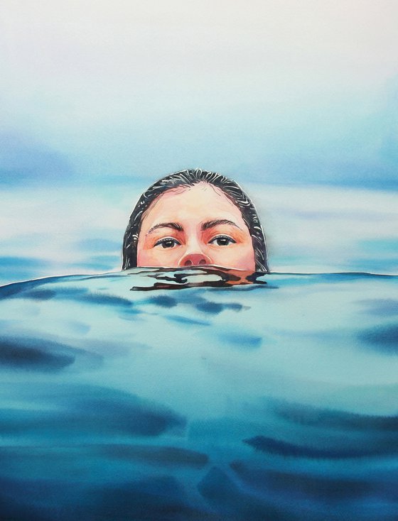 "Girl in the water" - watercolor painting realism, original gift, erotic girl, office decor, blue, home interior, wall painting