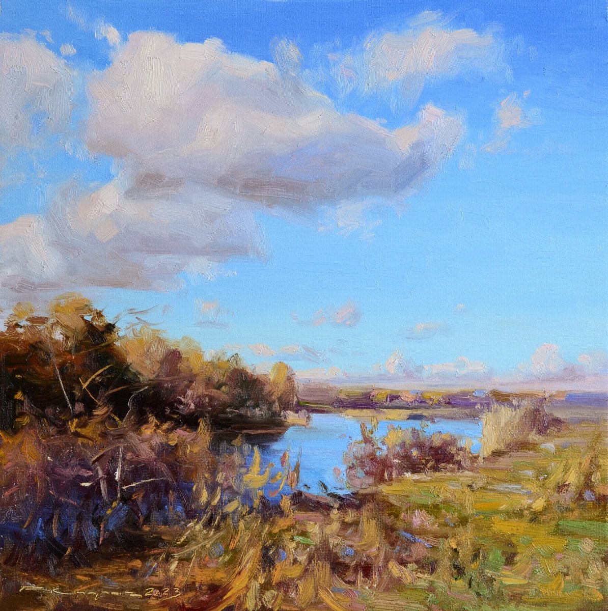 Impressionistic Landscape Oil Painting By Ruslan Kiprych, 12 X 12", Autumn. Clouds In The Open Air, Original Artwork