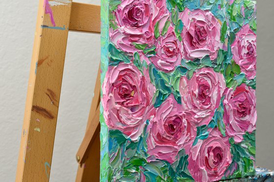 Pink Roses - Heavy Impasto Floral Painting, Palette Knife Art