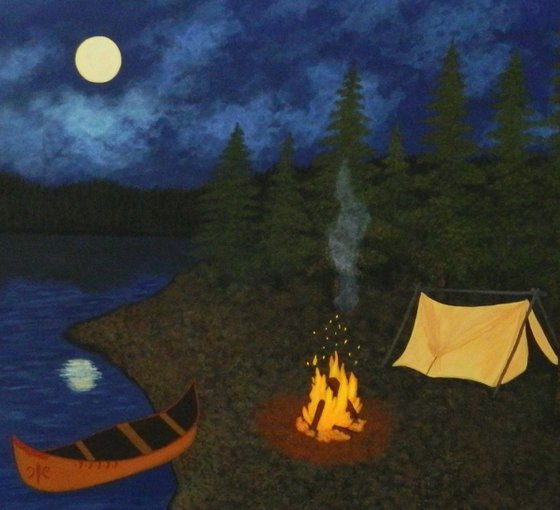 Under the Moonlight - nightscape campfire painting; home, office decor; gift ideas