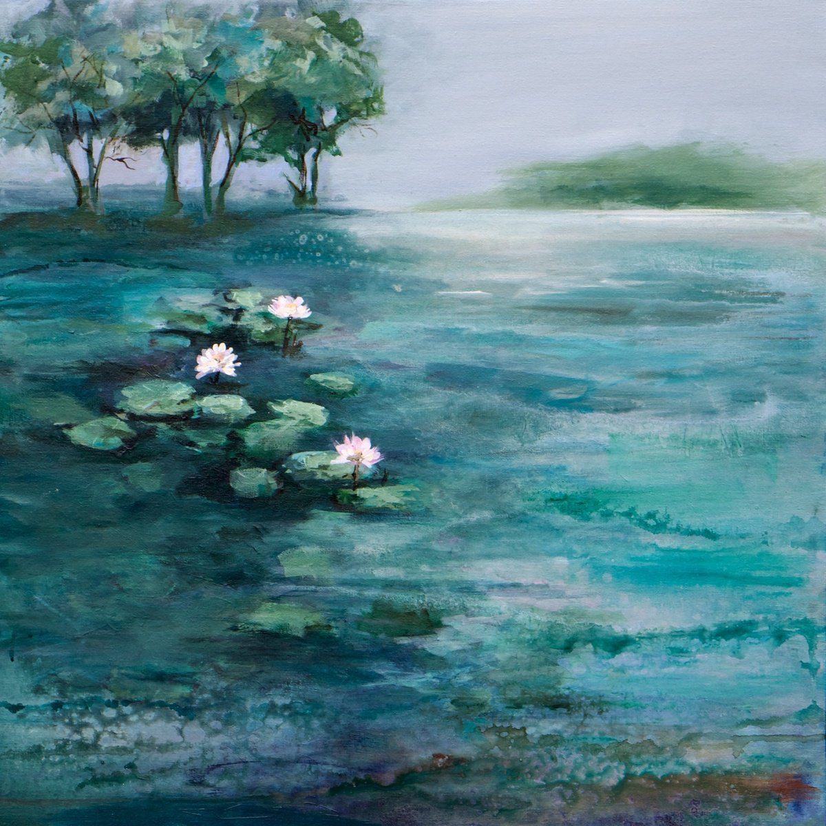 Impressionistic Landscape Acrylic Painting By Karen Hale, 24 X 24", Water Garden, Original Artwork