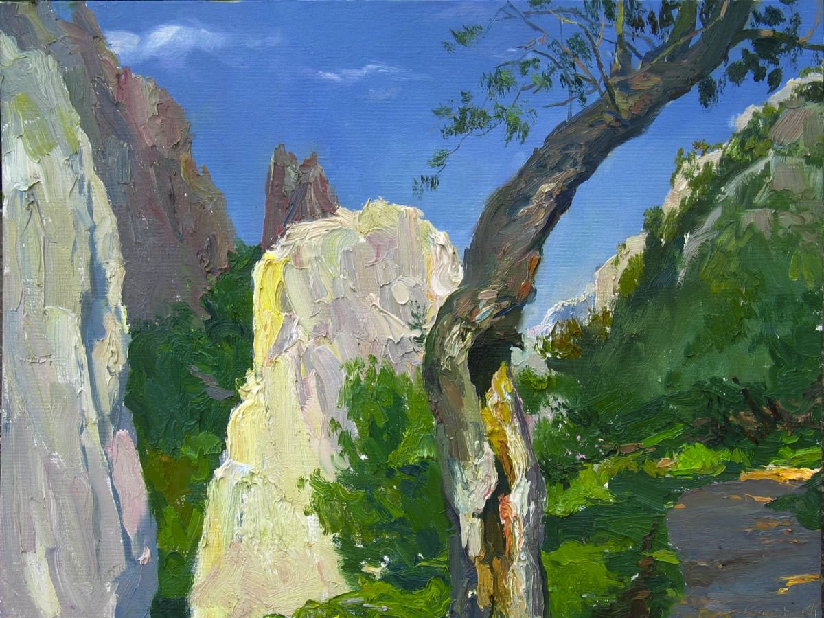 Impressionistic Landscape Oil Painting By Sergey Kostov, 24 X 18", Sunny Afternoon In The Mountains, Original Artwork