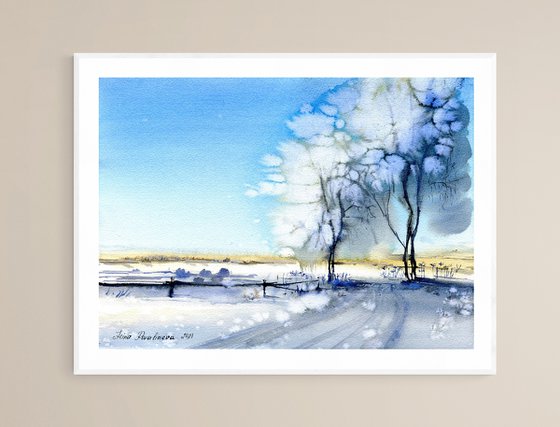Winter field and trees original watercolor painting , blue sky and snow living room decor , gift idea