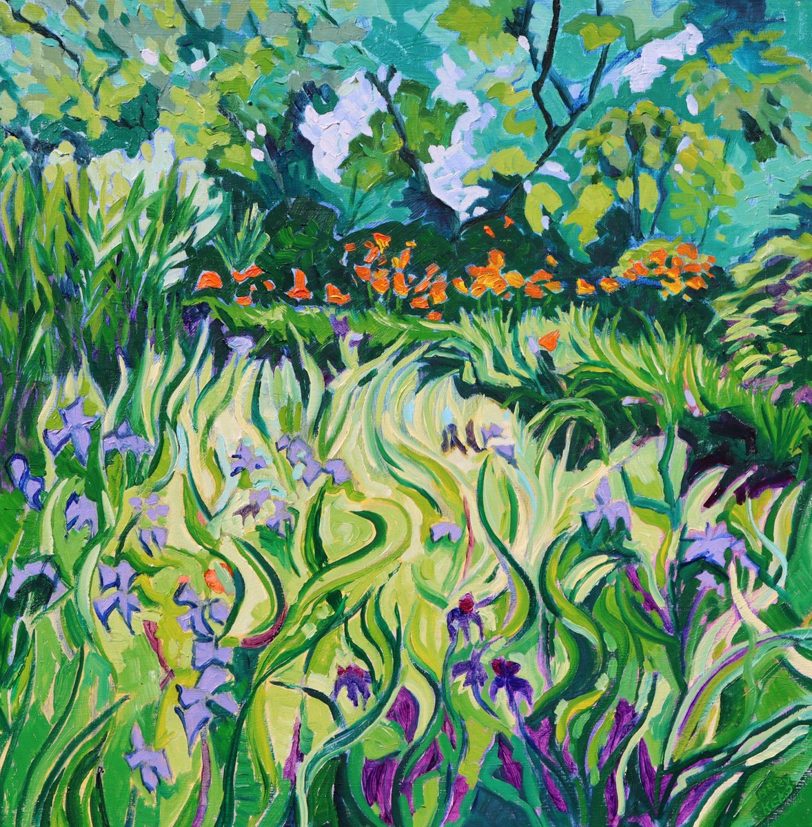 Impressionistic Landscape Oil Painting By Mary Kemp, 16 X 16", The Flame Throwers Garden, Original Artwork