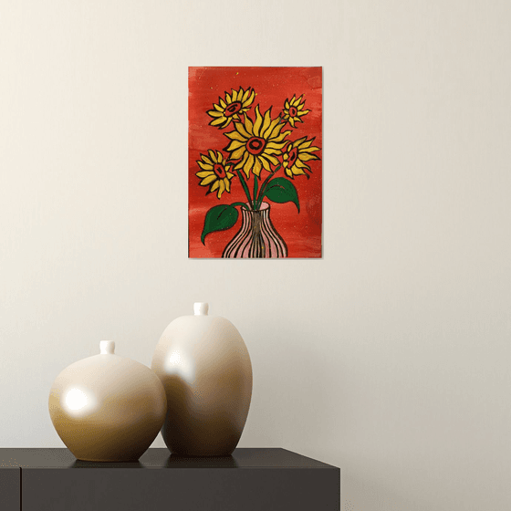 Sunflowers in vase on Red