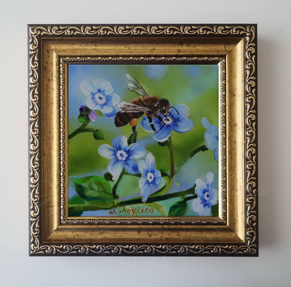 Photorealistic Animal Oil Painting By Natalia Shaykina, 8 X 8", Honey Bee On Blue Flower, Original Artwork