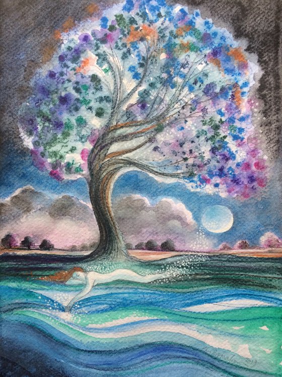 Bright Tree, Moonlight, Woman and Water