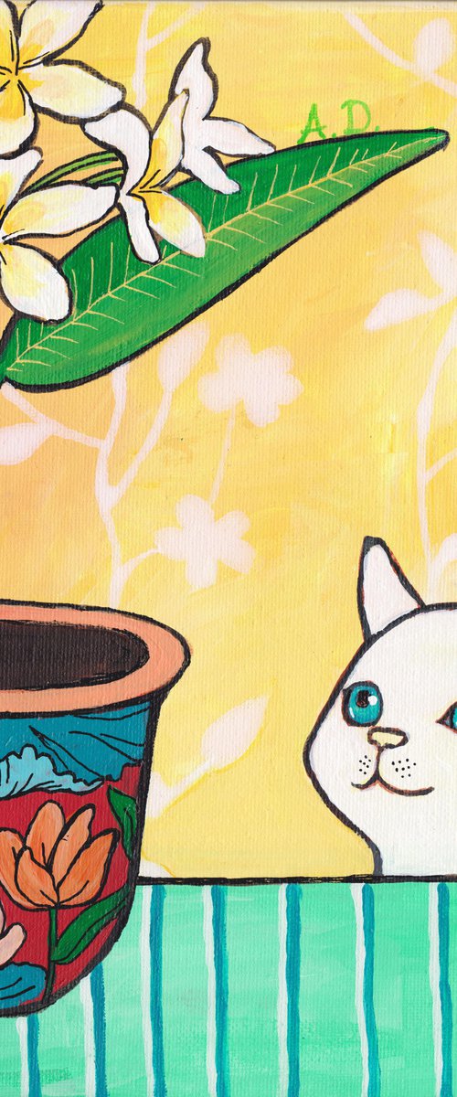 "Curious cat and plumeria in red floral pot." Maximalist Modern Matisse-Inspired Original Painting by Alexandra Dobreikin