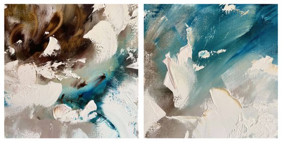 VORTEX OF FEELINGS - Set of 2 cosmic flowers. Design. Sensual diptych. Bud. Nature. Strokes. Texture.