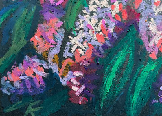 Lilac Flowers Oil Pastel Painting, Floral Original Drawing, Purple Gift for Her, Spring Floral Wall Art