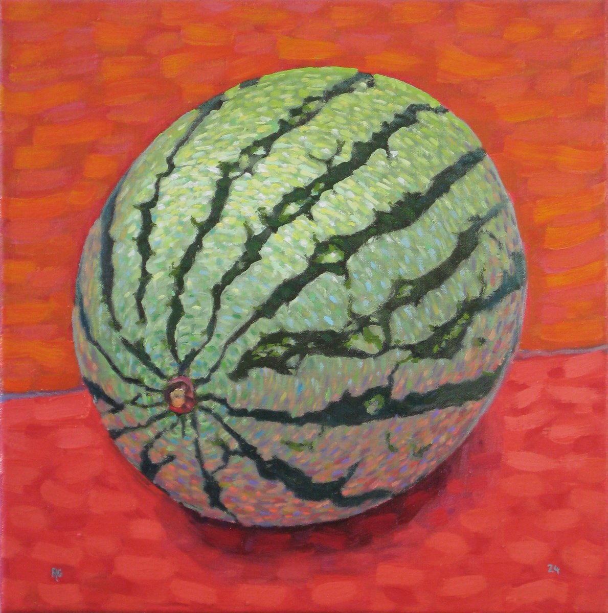 Still Life Oil Painting By Richard Gibson, 12 X 12", Watermelon Against Red, Original Artwork