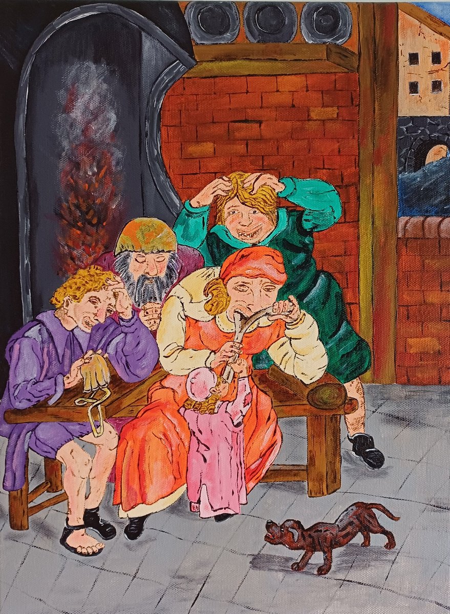 Naive Portrait Acrylic Painting By Corinne Hamer, 12 X 16, Penny Saved Is A Penny Gained, Original Artwork