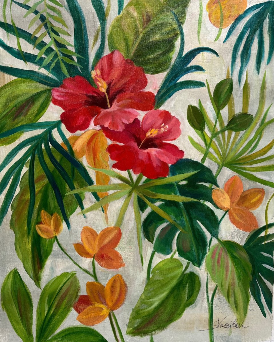 Impressionistic Botanical Acrylic Painting By Silvia Vassileva, 22 X 26", Tropical Jewels Ii, Original Artwork