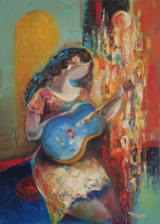 Guitarist(30x40cm, oil painting, modern art, ready to hang, music painting)