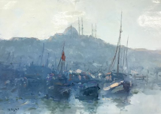 Harbor-Istanbul, Antique Style,  Original oil Painting, Handmade artwork, Museum Quality, Signed, One of a Kind