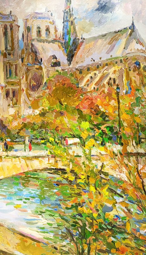 SUNNY DAY on CITE ISLAND, PARIS - Notre Dame - autumn landscape, original oil painting, city France, bridge Seine by Karakhan
