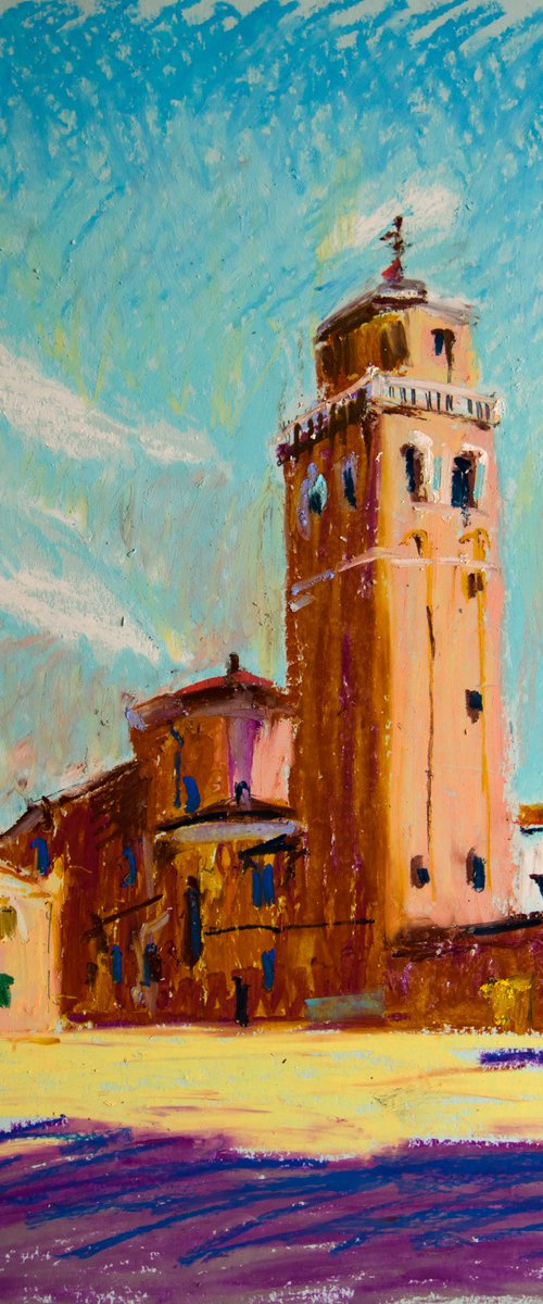 Venezian yard. Dreams about Italy series. Oil pastel painting. Original red brick venice italy old town tower urban street landscape interior decor small by Sasha Romm