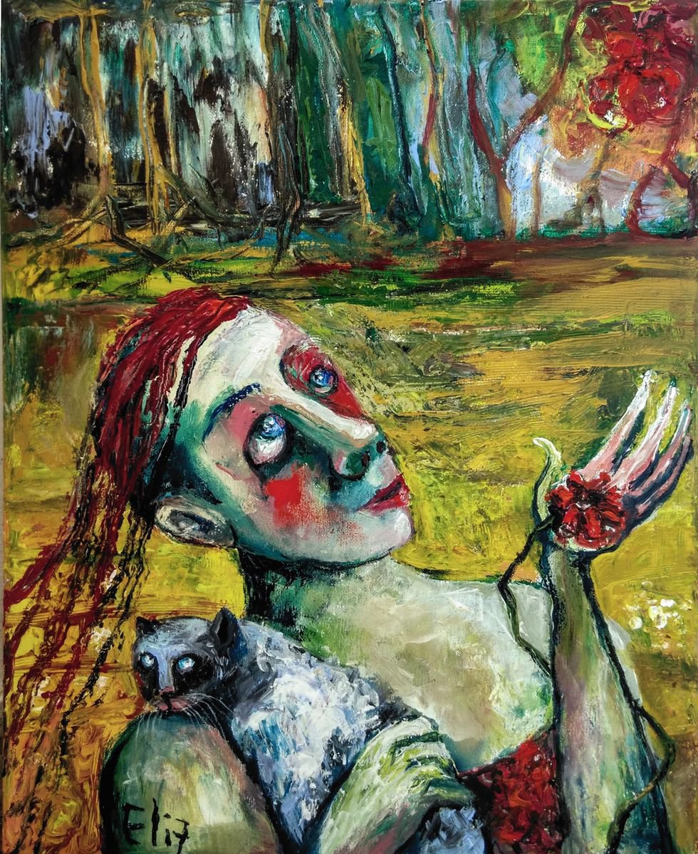 Expressive Portrait Acrylic Painting By Elisheva Nesis, 16 X 20, Gone Through Winter, Original Artwork