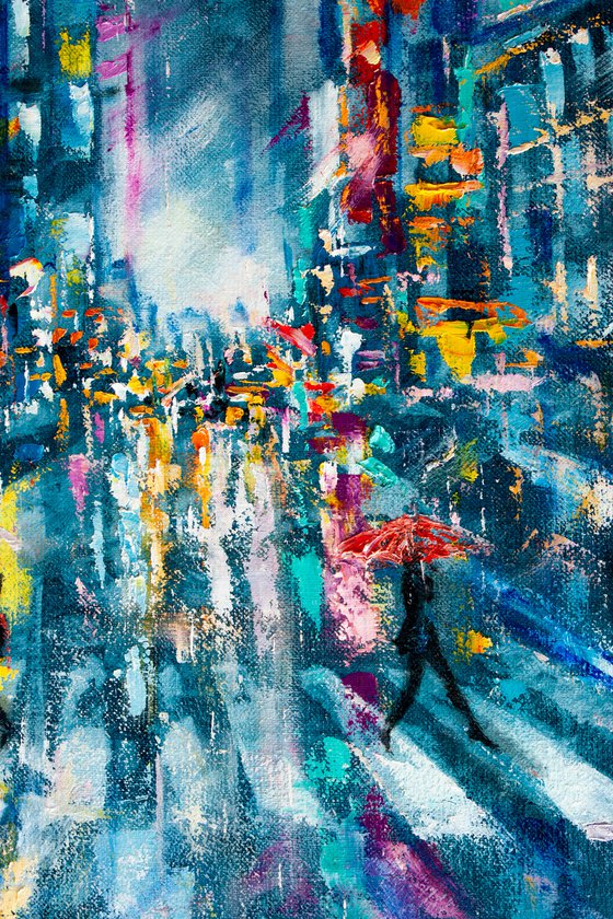 "Street of the night city" people with umbrella , original oil painting