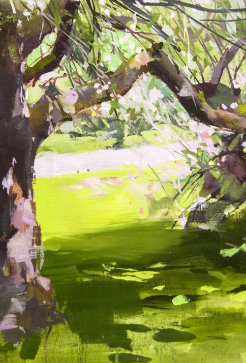Green Landscape Painting "Apple Blossom" by Yuri Pysar