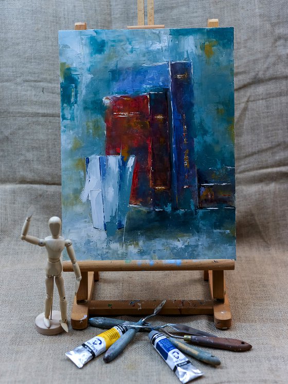 Old books and glass. Still life painting