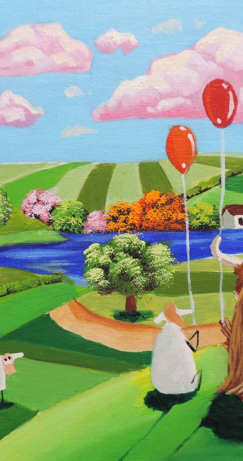 Sheep and cow with balloons 10" x 8" by Gordon Bruce