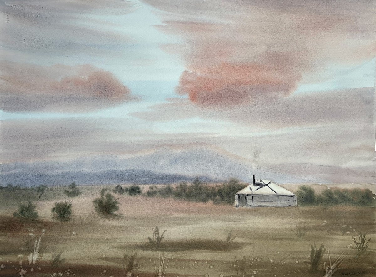 Prairies in Mongolia Original watercolour painting by Inna Nagaytseva