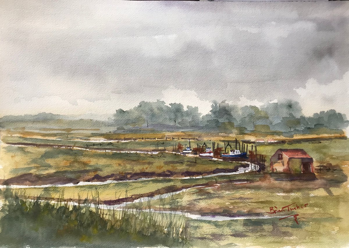 Photorealistic Landscape Watercolour By Brian Tucker, 20 X 14, Low Tide At Thurnham Staithes, Original Artwork