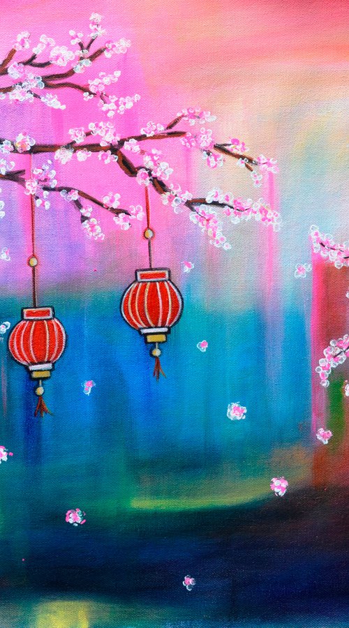 The Dreamy Cherry Blossom acrylic painting on sale by Manjiri Kanvinde