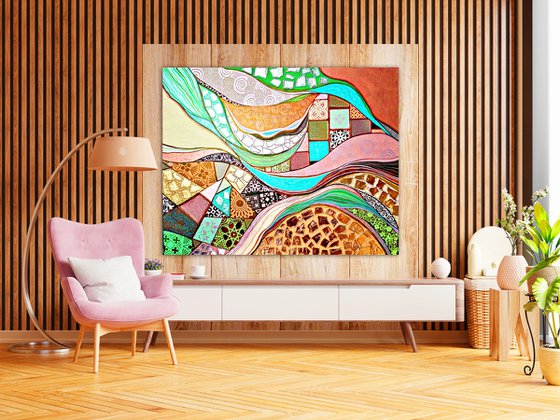 Large abstract painting. Blue turquoise orange bronze wall art