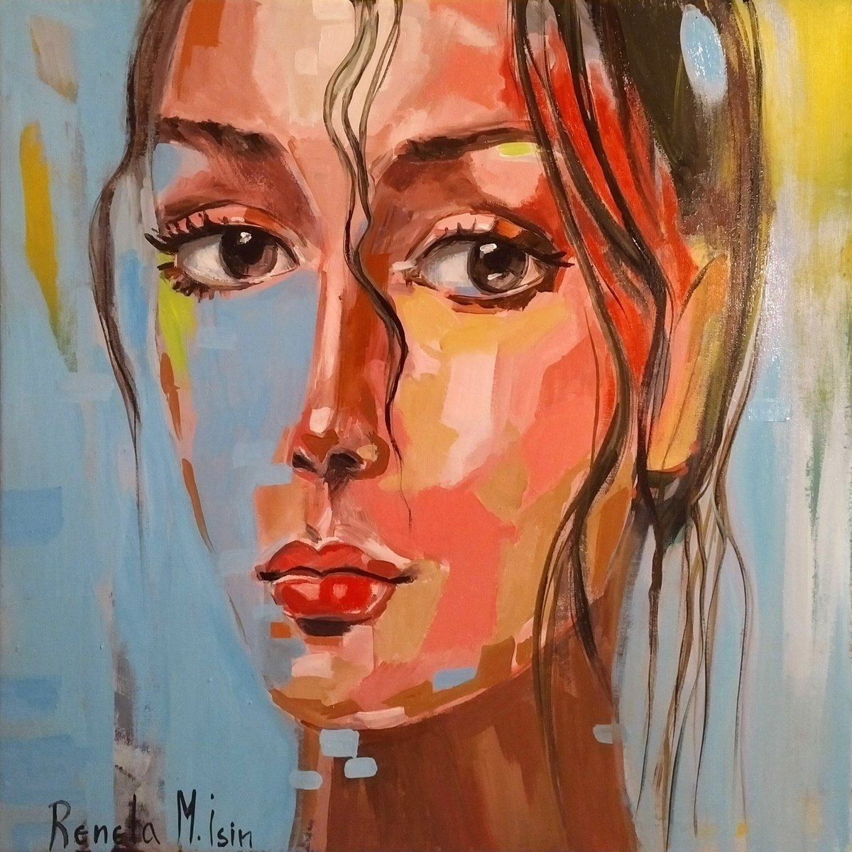 Expressive Portrait Oil Painting By Reneta Isin, 20 X 20", " Hope ", Original Artwork