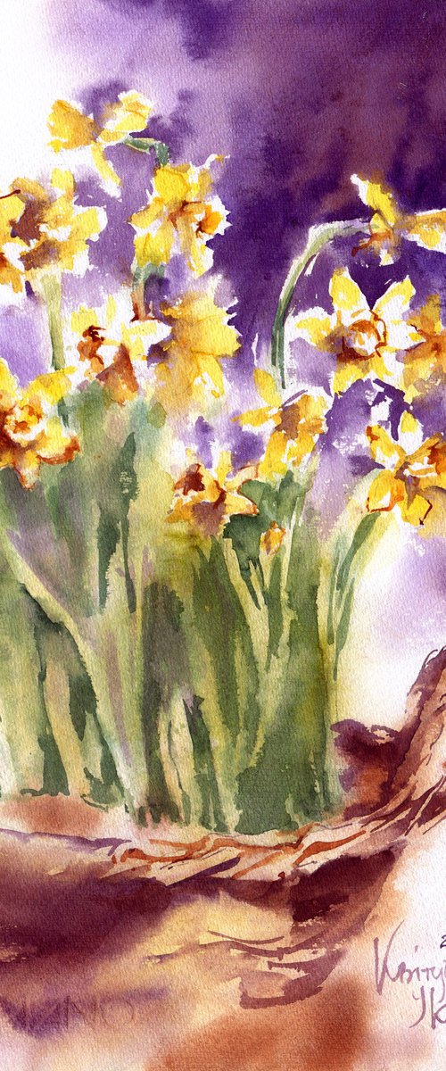 "Flowering garden in a basket" - spring flowers daffodils on a contrasting background bright watercolor original artwork by Ksenia Selianko