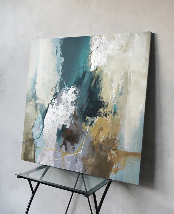 "Green Hill" Emerald silver abstract art