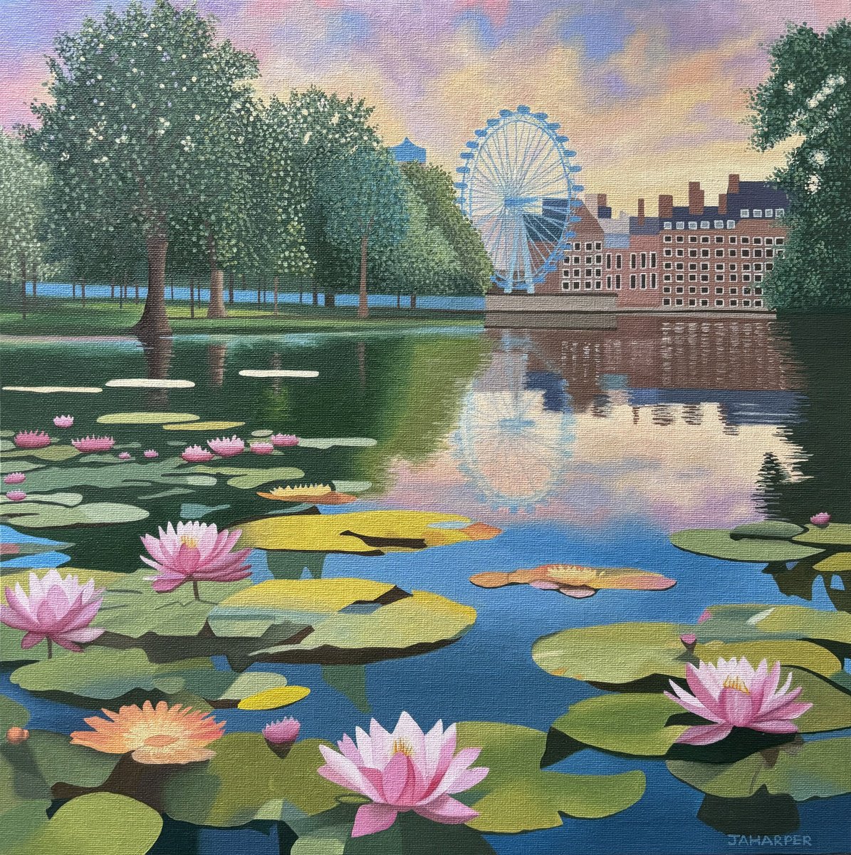 Surrealistic Landscape Oil Painting By Jill Ann Harper, 18 X 18, London Eye With Lilies, Original Artwork