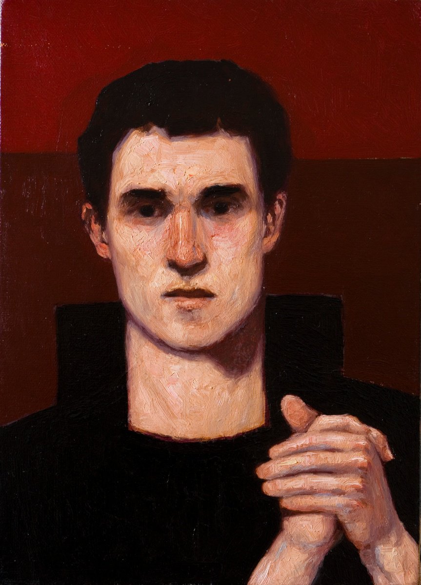 Impressionistic Portrait Oil Painting By Olivier Payeur, 9 X 13", Selfportrait On Black And Red, Original Artwork