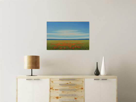 Lush Poppy Field - Blue Sky Flower Field Landscape