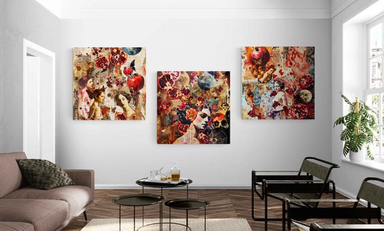 300 x 100 cm art Women and pomegranates. Colorful simbolic abstract huge artwork from 3 pieces. Bright red gold large wall art for home decor