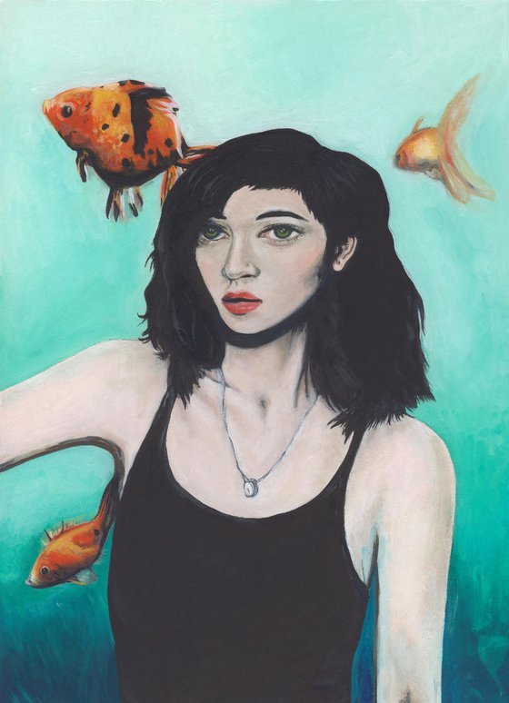 Portrait with Fish - Oil painting on board