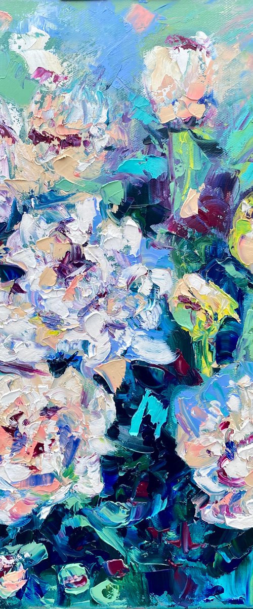Peony - A summer joy, 35*45cm, impressionistic flowers oil painting in white and turquoise by Olga Blazhko