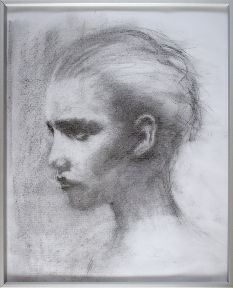 Expressive Portrait Charcoal Drawing By Sbboursot, 16 X 20", Her, Original Artwork