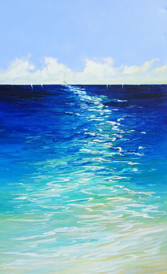 Sailing Boats Seascape Coastal Painting. Beach, Ocean, Sea Waves, Sky with Clouds. Coastal Decor Art.