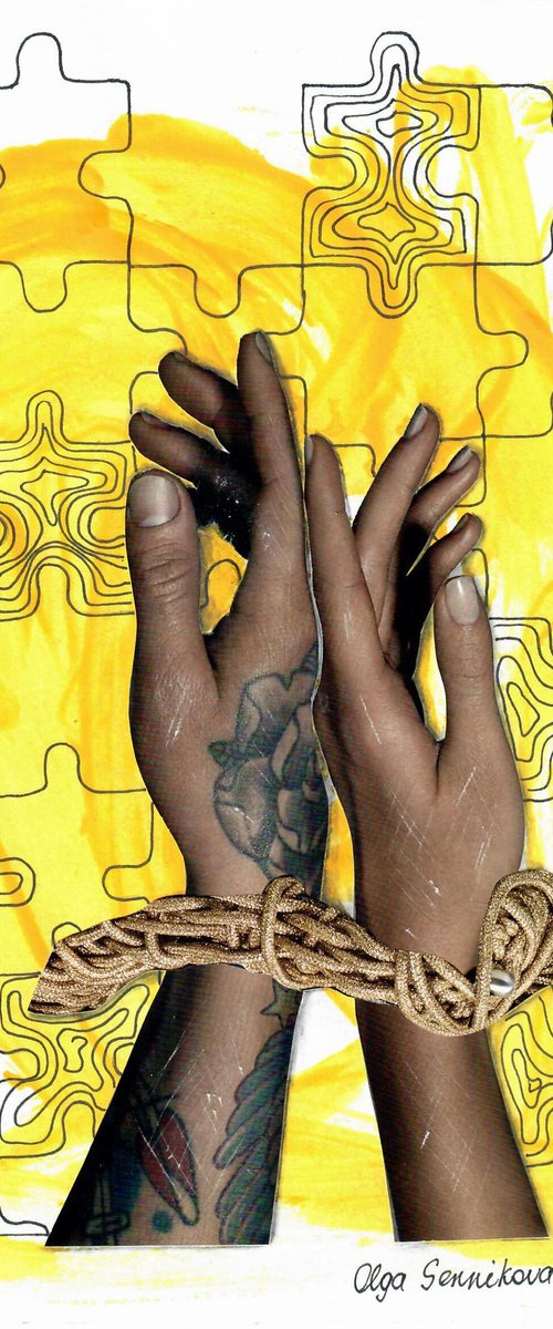" Hands puzzle" - mixed media painting collage by Olga Sennikova