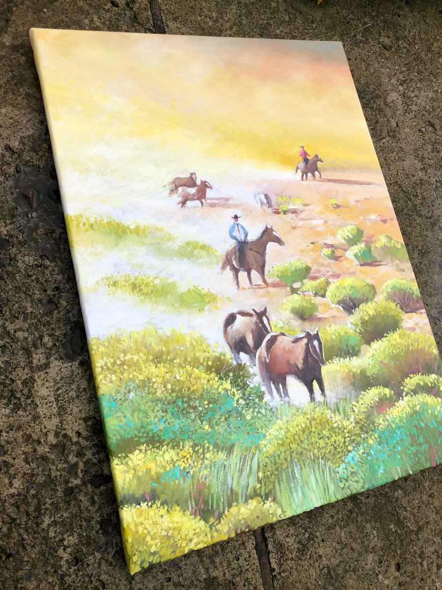 Impressionistic Landscape Oil Painting By Volodymyr Smoliak, 20 X 28", Cowboys And Horses, Original Artwork