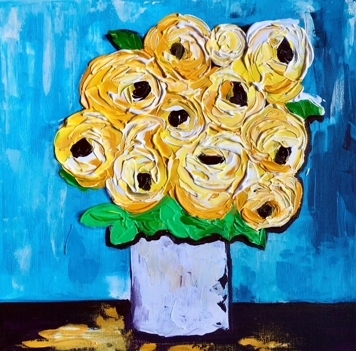 Impressionistic Botanical Acrylic Painting By Olga Koval, 16 X 16", Abstract Bouquet Of Roses, Original Artwork