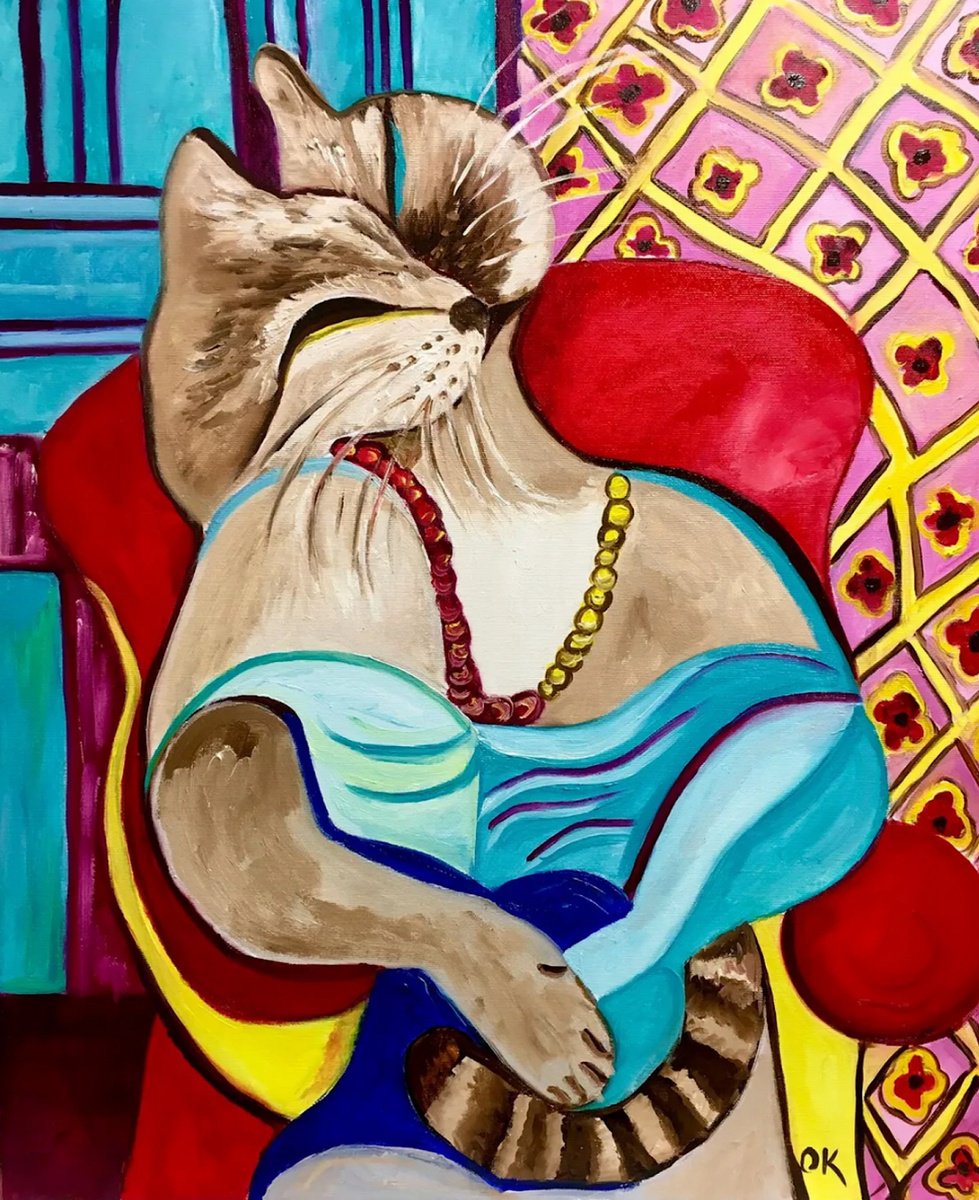 Animal Oil Painting By Olga Koval, 20 X 24", Cat By Pablo Picasso, Original Artwork