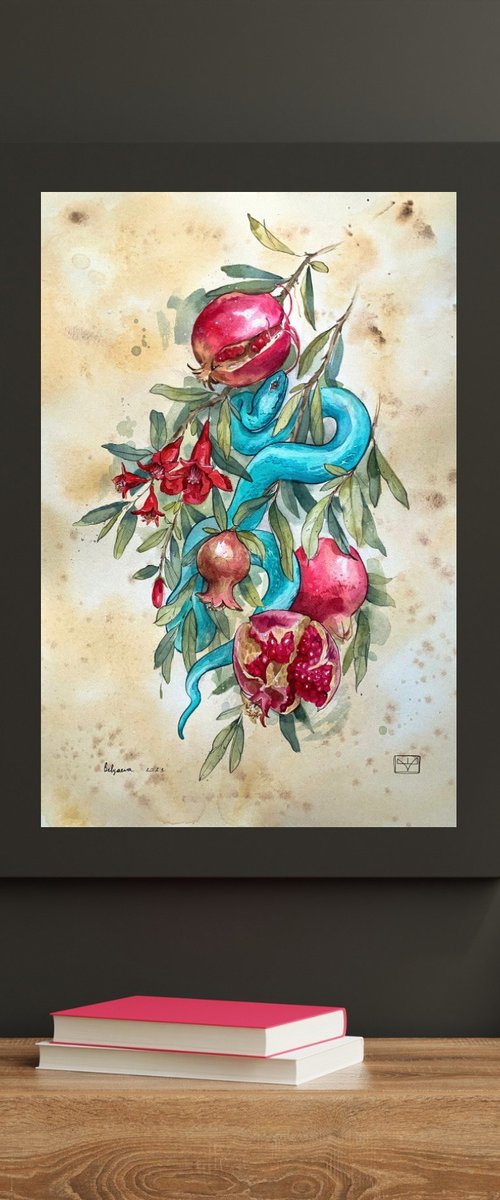 snake on a pomegranate branch by Belyaeva Oleksandra
