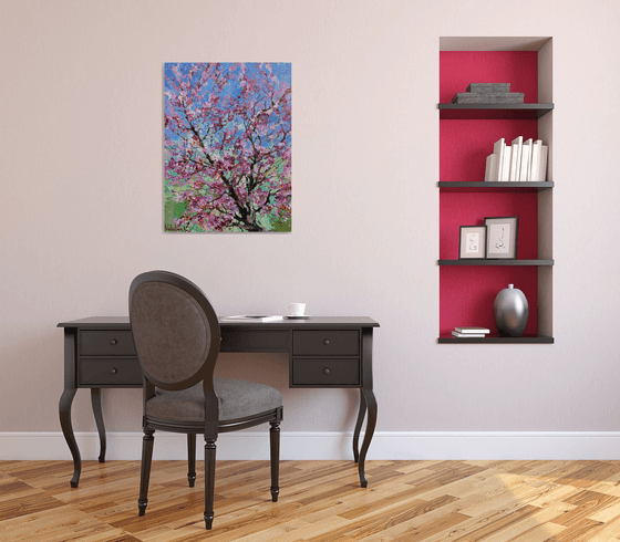 Flowering peach tree Original oil painting